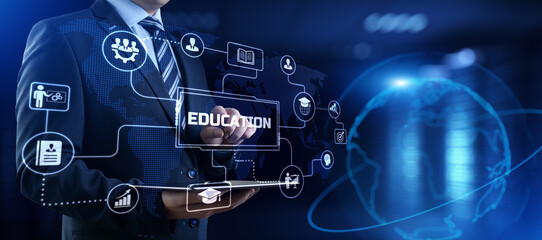 Fototapeta na wymiar E-learning distance education concept. Businessman pressing button on screen.