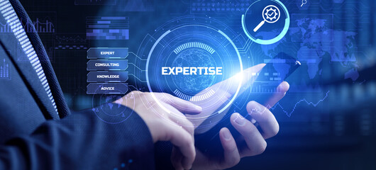 Expertise business consulting concept. Businessman pressing button on screen.