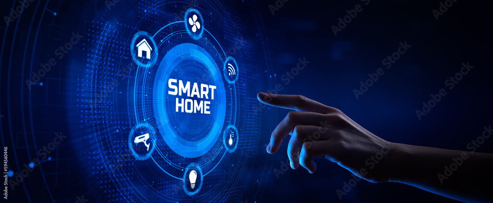 Aufkleber smart home automation wireless control iot internet of things concept. hand pressing button.