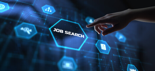 Job Search Send CV Recruitment Hearing Employment. Hand pressing button on screen.