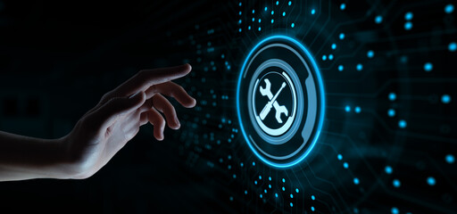 Technical support customer service guarantee quality assurance. Hand pressing button on virtual screen.