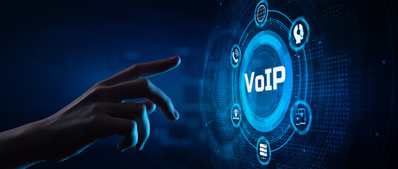 VoIP Voice over IP Telecommunication concept. Hand pressing button on screen.