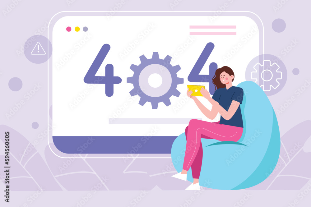 Aufkleber violet concept 404 not found with people scene in the flat cartoon design. programmer is trying to u