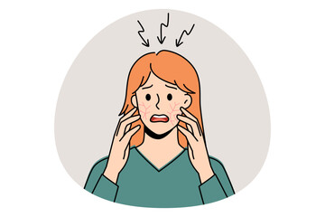 Itchy head and scalp concept. Stressed irritated woman standing and having itchy cheeks and scalp feeling problems with health vector illustration