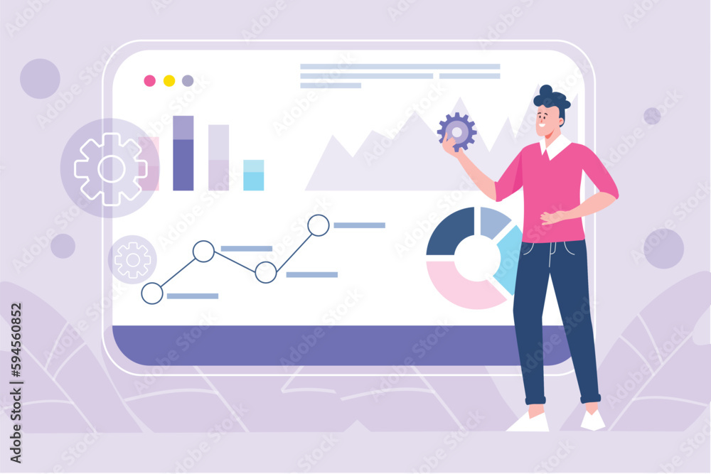 Poster data analysis violet concept with people scene in the flat cartoon style. data analyst reviews data 
