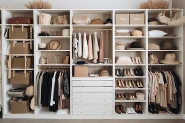 a closet that is organized and neatly arranged with clothes, shoes, and accessories, created with generative ai - 594561027