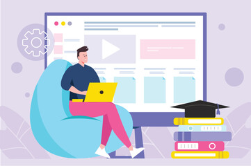 Education violet concept with people scene in the flat cartoon design. Boy acquires knowledge on his own and wants to get an education. Vector illustration.