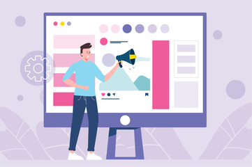 Fototapeta premium Social marketing violet concept with people scene in the flat cartoon design. Marketer distributes social advertising on the Internet. Vector illustration.