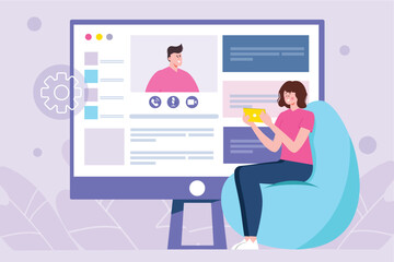 Video conference violet concept with people scene in the flat cartoon style. Businesswoman decided to hold an important meeting via video conference. Vector illustration.