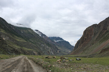Fototapeta premium Dirt road in the mountains, after maintenance by a grader
