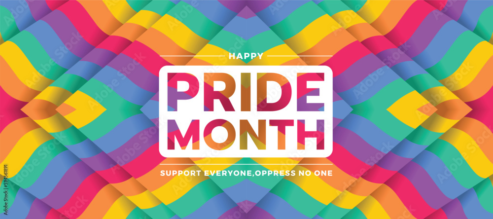Poster happy pride month text on abstract waving rainbow pride symmetrical texture background vector design
