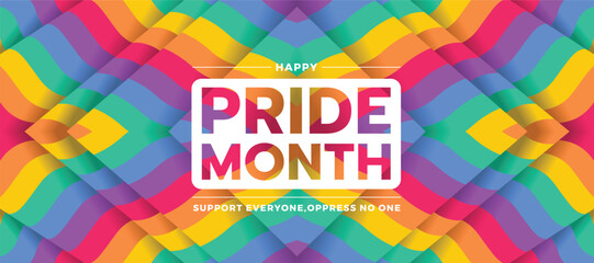 Happy Pride month text on abstract waving rainbow pride symmetrical texture background vector design - obrazy, fototapety, plakaty