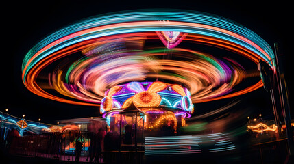 A whimsical, long exposure image of a carnival ride in motion, with colorful lights streaking through the night sky, creating a sense of excitement and wonder