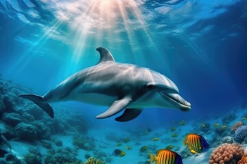Obraz na płótnie Canvas Beautiful dolphins under the sea . AI generative