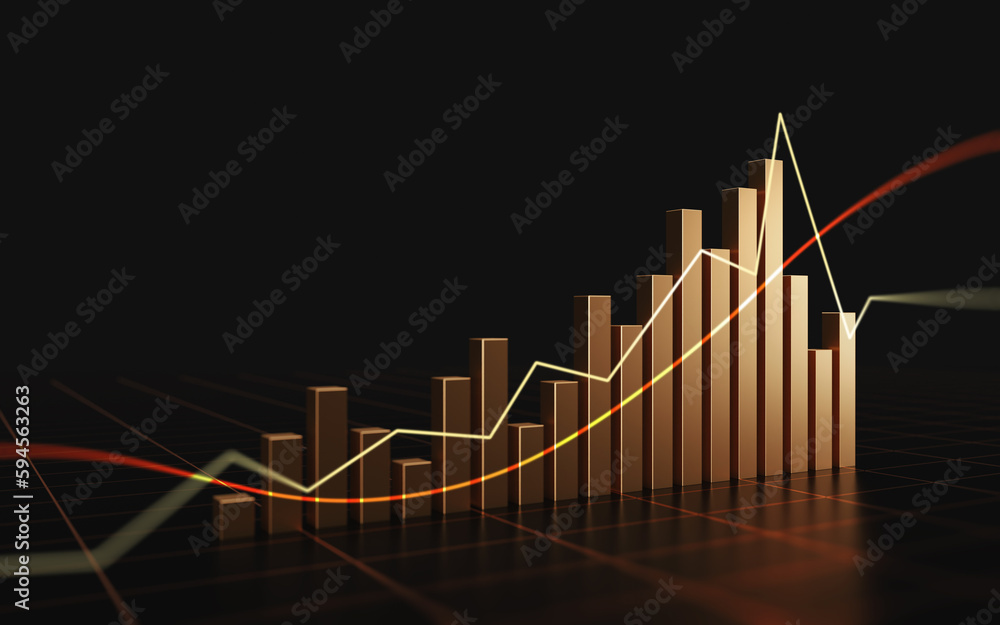 Wall mural Financial gold graph stock money investment finance business on growth currency insight chart market 3d background of success profit concept golden exchange economy trade wealth banking price diagram.