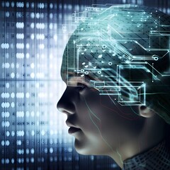Illustration of human using artificial intelligence. the concept of the smart brain is shown, in the style of cyberpunk dystopia, ethereal transparency, process-oriented, digital as manual. AI