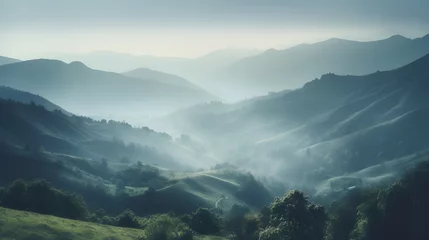 Foto op Aluminium A serene image of a misty mountain valley, with layers of hills fading into the distance, surrounded by a tranquil atmosphere and subtle shades of green and blue © CanvasPixelDreams