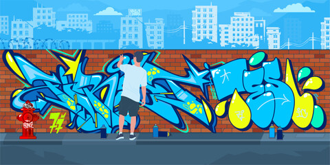 Colorful Outdoor Urban Streetart Graffiti Wall With Drawings Against The Background Of The Cityscape Vector Illustration