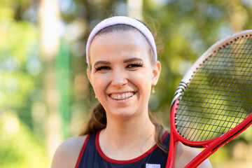 Professional girl athlete playing tennis on court. female player with racket, ball near net...