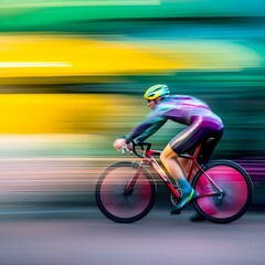 Fototapeta premium Motion blurred picture of male cyclist driving fast through the nature on his bicylce.