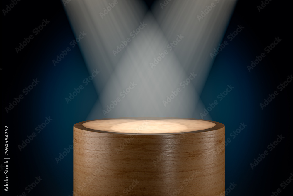 Wall mural 3d presentation pedestal illuminated by ray of spot light. 3d rendering of mockup of presentation po