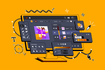 Program for Illustrators. Application for creating and drawing Vector Illustrations. Graphic editor for designers. Digital art software. Interface for artists. Neobrutalism concept.