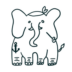Elephant pirate. Vector illustration in outline doodle style isolated on white background.
