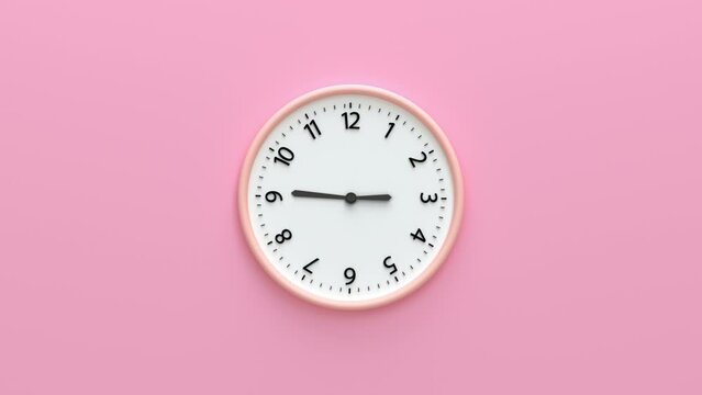 Closeup White wall clock isolated on pink background. Clock Face hanging on the wall. Minimalist flat lay image of plastic wall clock over pink background. Copy space and central composition. 3d