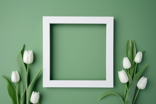 White tulips and a white frame on a green background with an empty green space inside the frame. Flat lay, top view, copy space. Generative AI