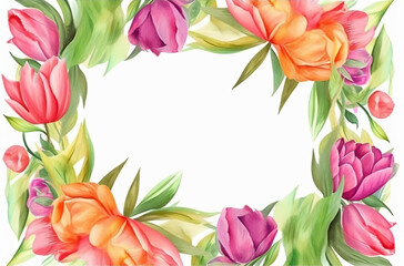 Obraz na płótnie Canvas Watercolor floral frame with tulips. Hand drawn illustration. Generative AI 