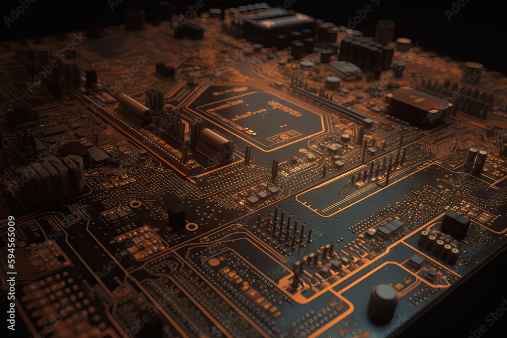 Poster close up shot of circuit cyberspace board with computer motherboard component microchip with chip st