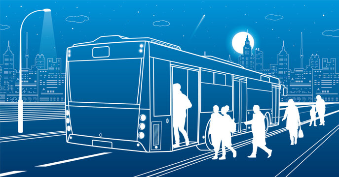 City transportation infrastructure illustration. Passengers get off the bus. people walk down the street. Night town on background, vector design art
