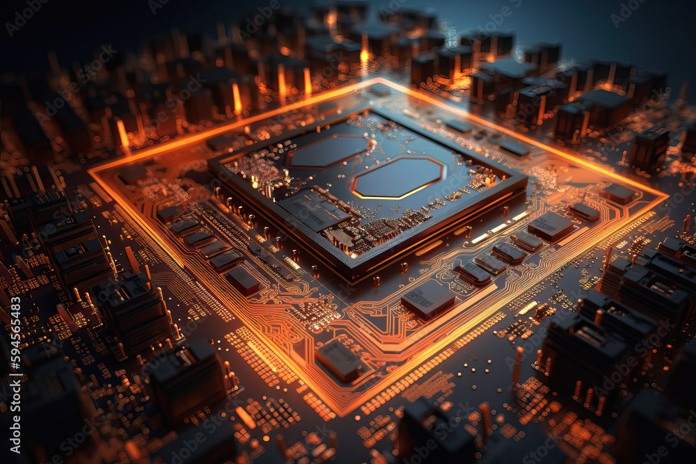 Poster close up shot of circuit cyberspace board with computer motherboard component microchip with chip st