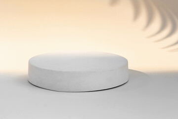 Podium for Cosmetics, Soap, Items Presentation. Abstract Minimal Geometric Sphere. Cylinder one Form, Soft Shadow. Scene to Show Product, Object. Showcase Display Case. Palm Leaf. Nude Tones Ad Stand