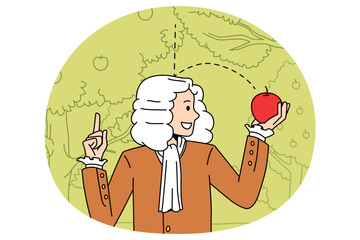 Science and physical experience concept. Sir Isaac Newton scientist standing and exploring gravity with red fallen apple in hands vector illustration