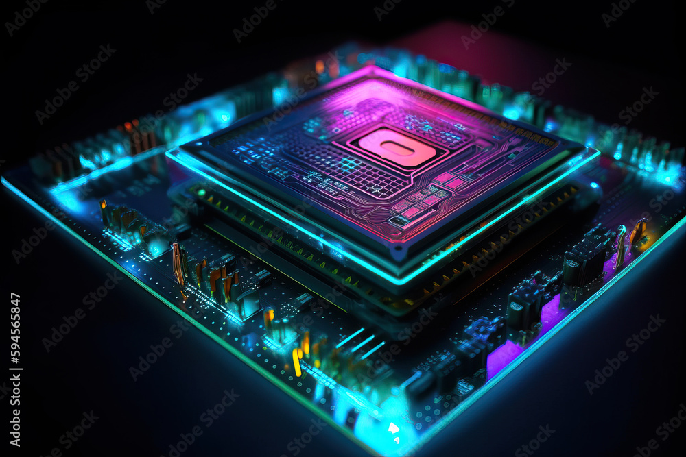 Poster close up shot of circuit cyberspace board with computer motherboard component microchip with chip st