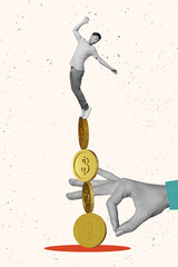 Vertical abstract collage picture of black white effect arm fingers hit ruin mini guy stand pile...