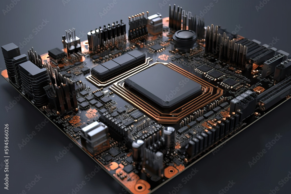 Poster close up shot of circuit cyberspace board with computer motherboard component microchip with chip st
