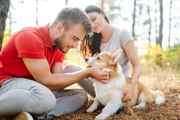 Young couple together with their beloved pet on a walk on a sunny day. Happy man and woman together with their corgi dog have together. The concept of an active lifestyle, travel, love and vacation.