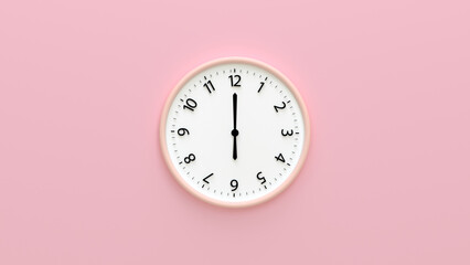 Closeup White wall clock isolated on pink background. 3d render illustration. Clock Face hanging on the wall. 
Minimalist flat lay image of plastic wall clock over pink background. Copy space and cent