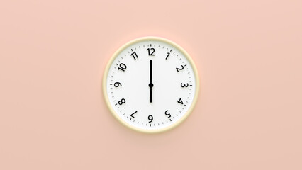 Clock face wall with time and number isolated on color background. Clock Face hanging on the wall. 3d render illustration. 