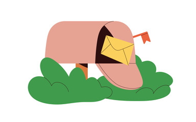 Envelope in open post box. Paper letter in outdoor postbox, postal letterbox. Receiving mail, message, information, correspondence concept. Flat vector illustration isolated on white background