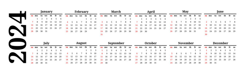 Calendar for 2024 isolated on a white background
