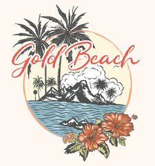 palms and beach scene with hibiscus flowers vector illustration slogan print design
