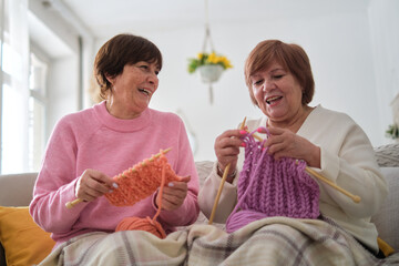two senior sisters, absorbed in knitting and reminiscing together. A feature on the resurgence of...