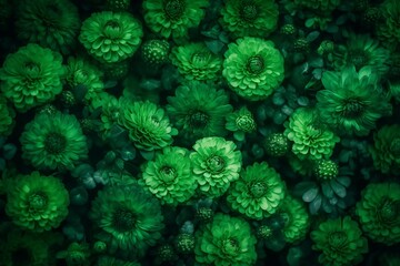 wall of bright green flowers background. generative AI