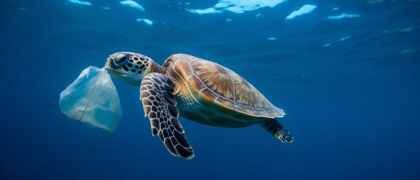 Turtle swims in the sea, plastic bags, environment concept. Generative AI