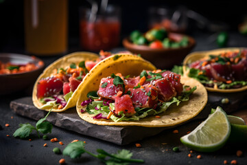 Mexican appetizer poke tacos with fish, mix of cultures, fusion. With Generative AI tehnology - obrazy, fototapety, plakaty