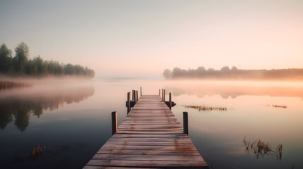 A peaceful image of a wooden dock extending over a calm lake at sunrise, with pastel-colored reflections on the water and a hazy, tranquil atmosphere