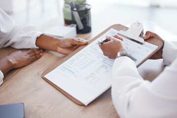 Doctor, woman hands and clipboard signature with patient contract and insurance agreement document....